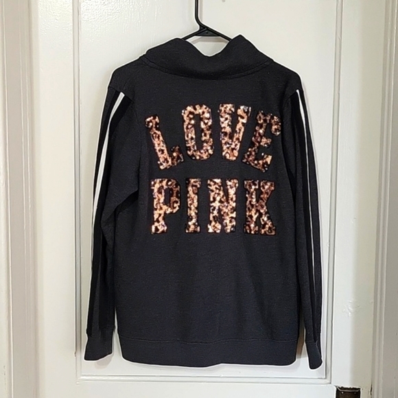 Victorias Secret Pink LEOPARD SEQUINS BLING Half Quarter Zip Sweatshirt M RARE - Picture 1 of 8